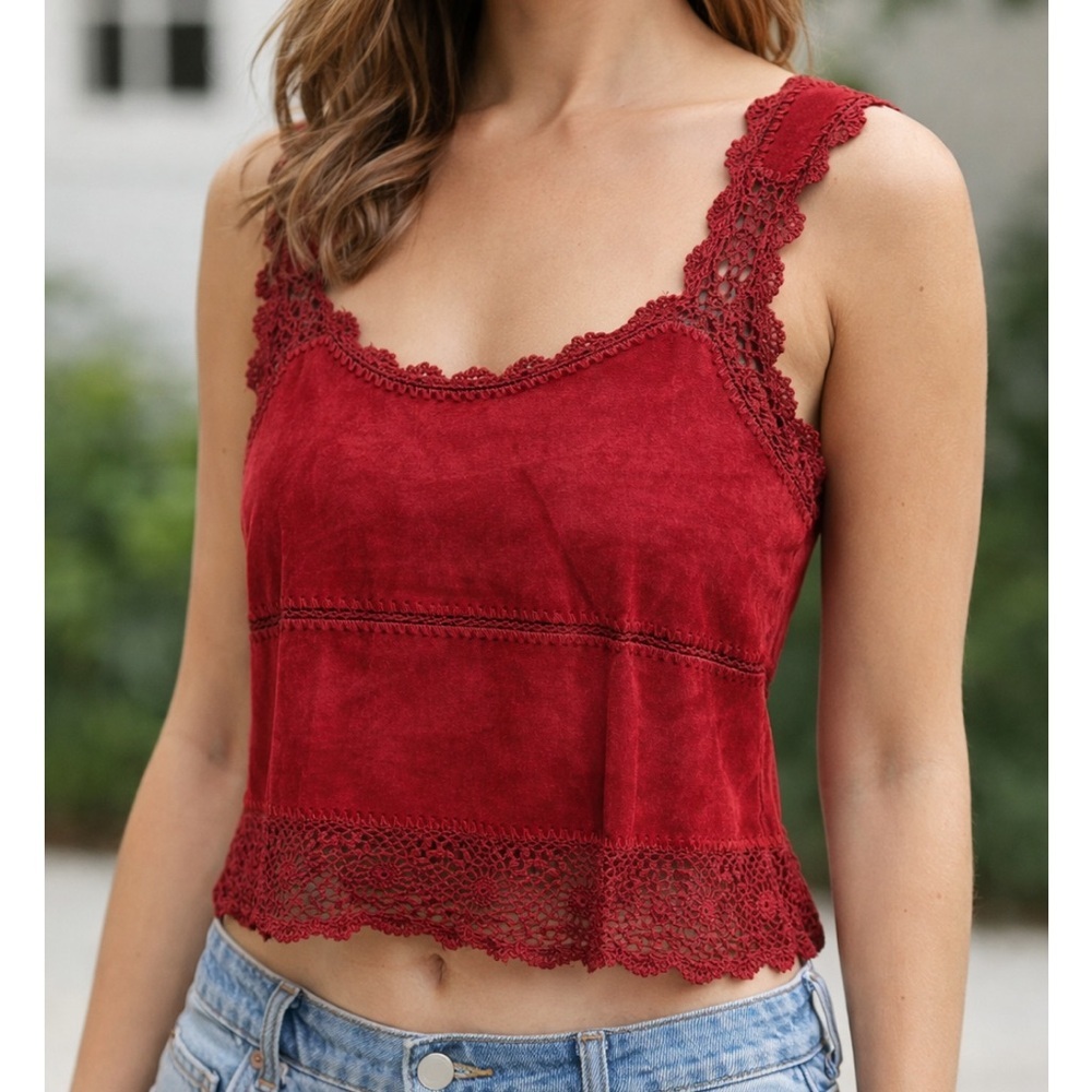 Lew Magram Vintage Suede And Crochet Bohemian Tank Top